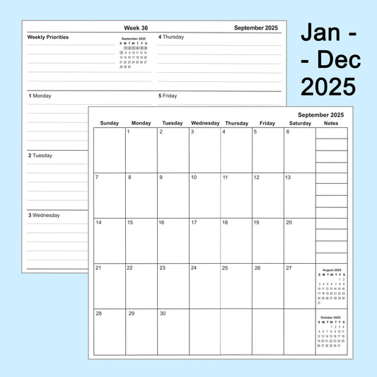 2pcs Traveler's Notebook Inserts, Jan - Dec 2025, Weekly & Monthly Calendar Planner Refills 8.3x4.3