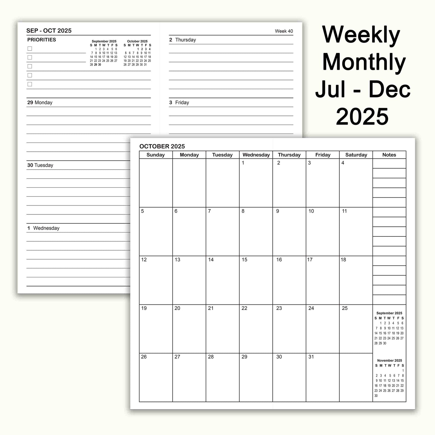 Jul - Dec 2025 Weekly & Monthly Calendar Refills, Travelers Notebook Inserts