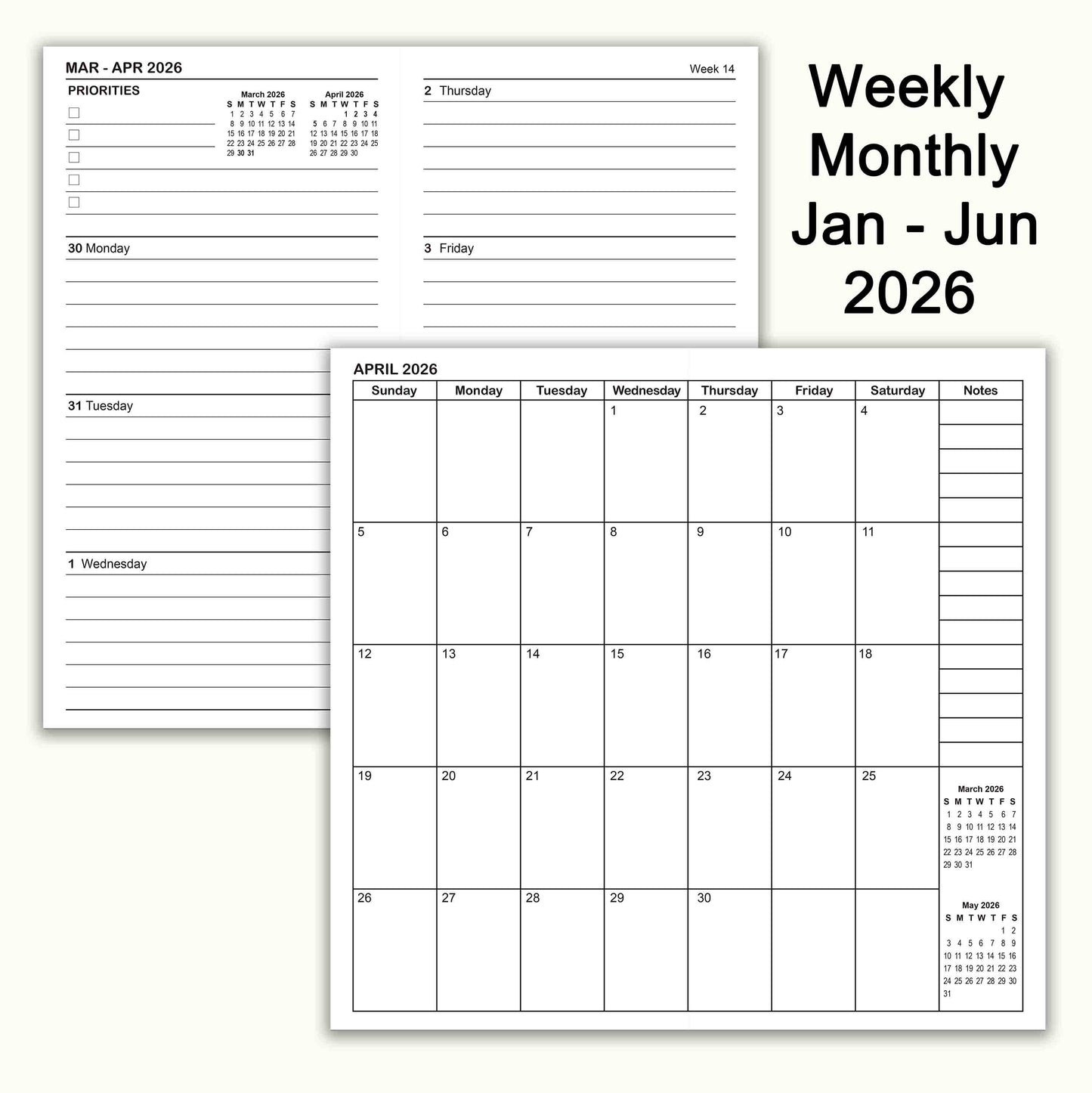 Jan - Jun 2026 Weekly & Monthly Calendar Refills, Travelers Notebook Inserts