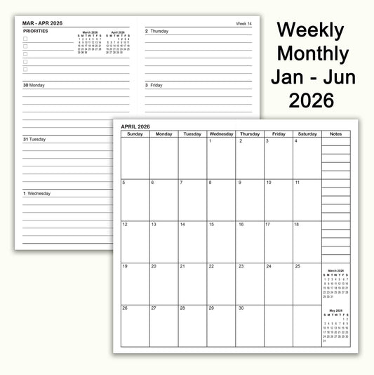 Jan - Jun 2026 Weekly & Monthly Calendar Refills, Travelers Notebook Inserts