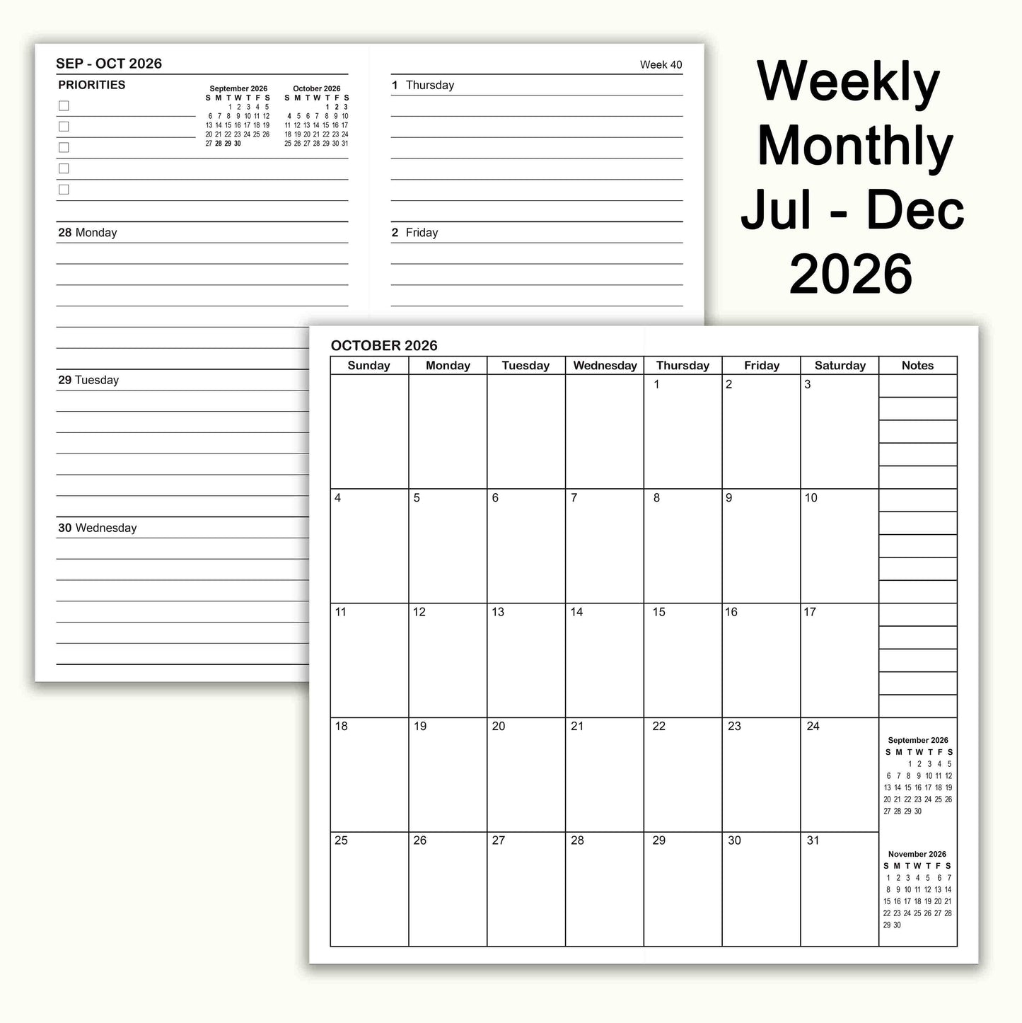 Jul - Dec 2026 Weekly & Monthly Calendar Refills, Travelers Notebook Inserts