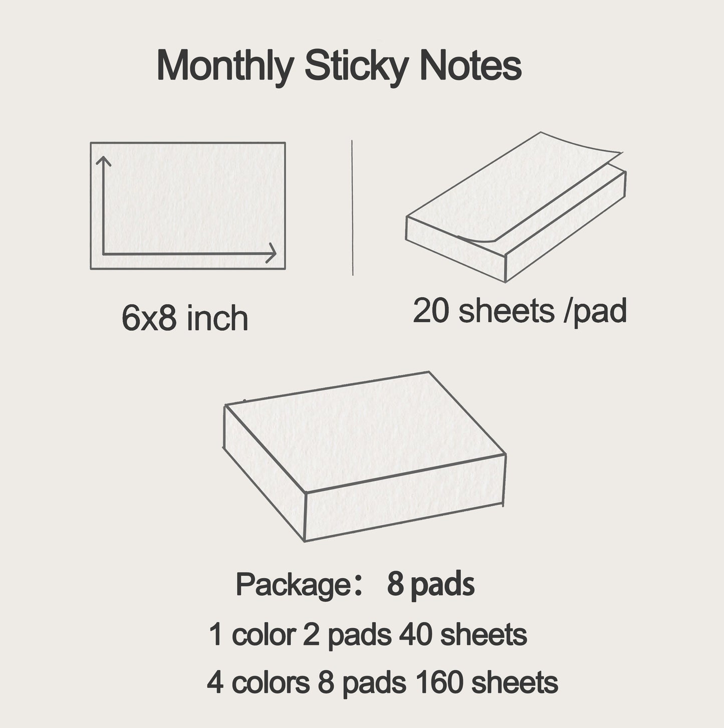 Calendar Sticky Notes, Large Sticky Note Pad, 8pads/160sheets, 6x8 inch