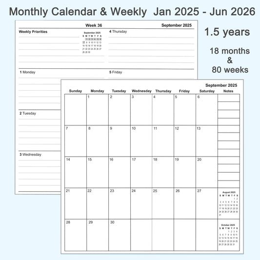 3pcs Traveler's Notebook Inserts, Jan 2025 - June 2026, Weekly & Monthly Calendar Refills Regular 4.3 x 8.3 in