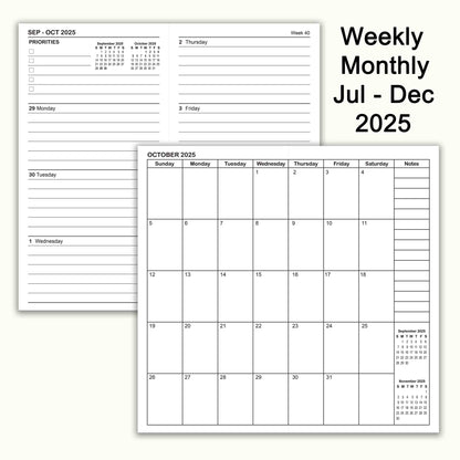 Jul - Dec 2025 Weekly & Monthly Calendar Refills, Travelers Notebook Inserts