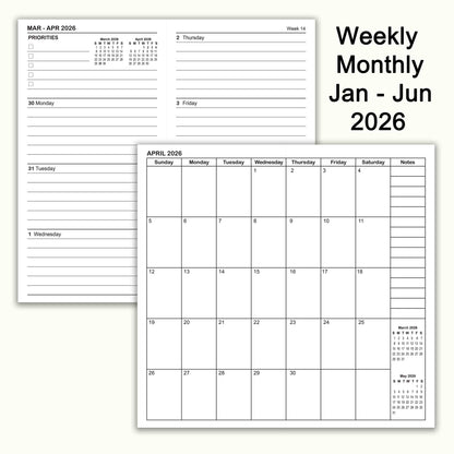 Jan - Jun 2026 Weekly & Monthly Calendar Refills, Travelers Notebook Inserts