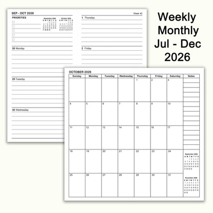 Jul - Dec 2026 Weekly & Monthly Calendar Refills, Travelers Notebook Inserts