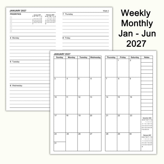 Jan - Jun 2027 Weekly & Monthly Calendar Refills, Travelers Notebook Inserts