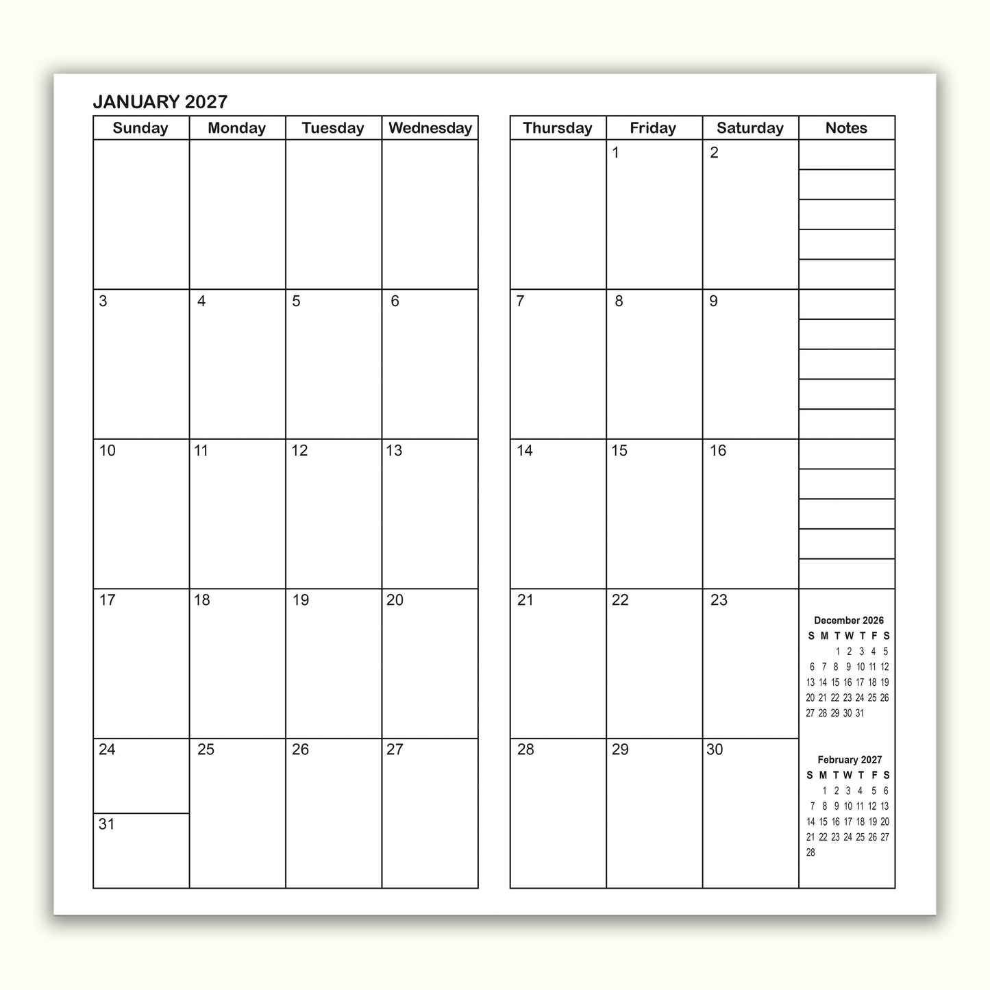 Jan - Jun 2027 Weekly & Monthly Calendar Refills, Travelers Notebook Inserts
