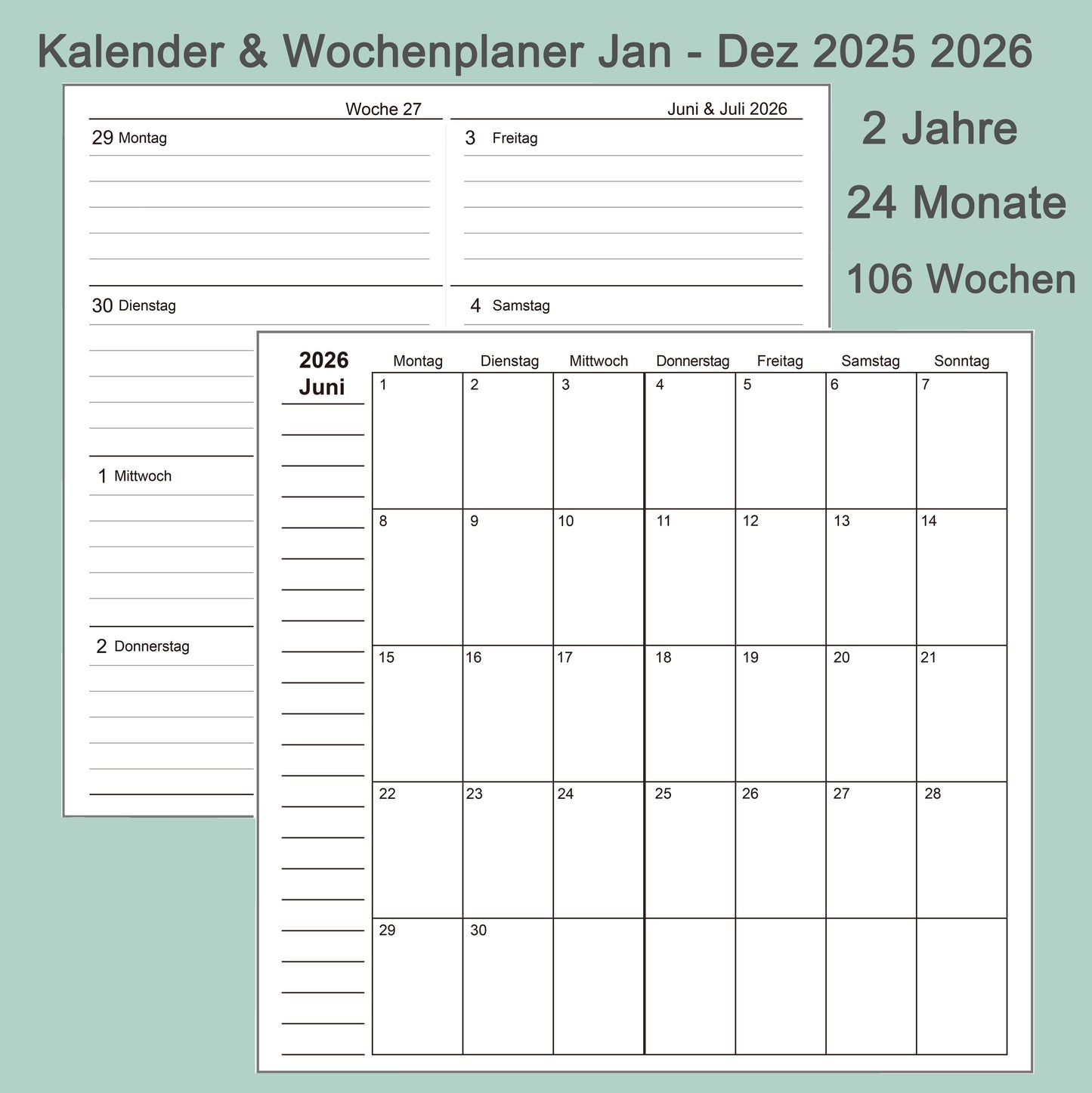 4pcs Travelers Notebook Inserts, Jan - Dec 2025 2026, Kalender & Wochenplaner (Deutsch)