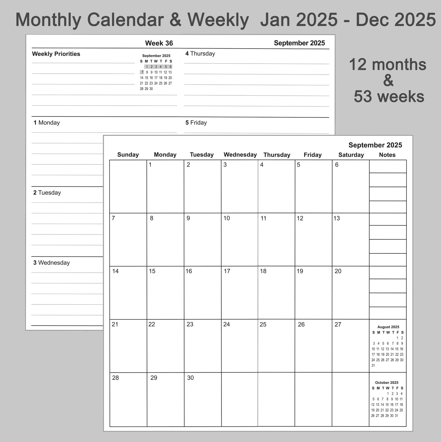 2pcs Travelers Notebook Inserts Jan - Dec 2025, Weekly & Monthly Calendar Refills, A5 Size 5.8 × 8.3