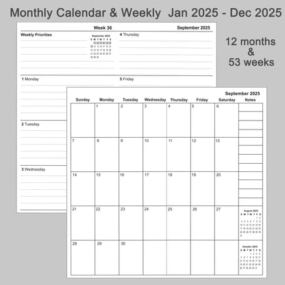 2pcs Travelers Notebook Inserts Jan - Dec 2025, Weekly & Monthly Calendar Refills, A5 Size 5.8 × 8.3