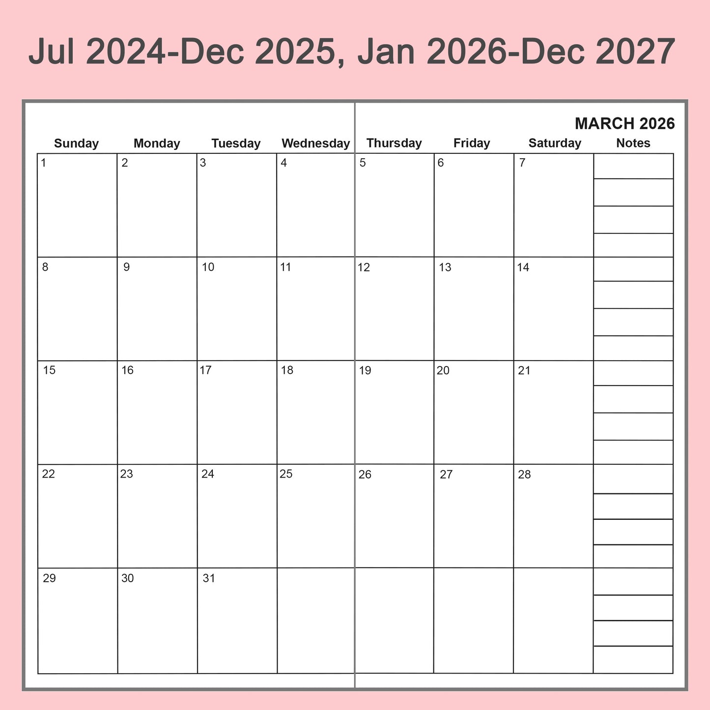 2pcs Travelers Notebook Inserts, Jul 2024 - Dec 2027, Monthly Calendar Refills, A6, 4.1 × 5.8