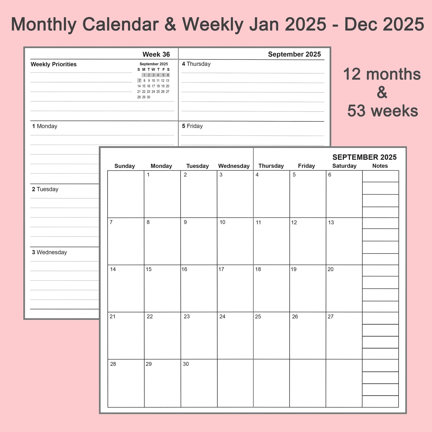 2pcs Travelers Notebook Inserts Jan - Dec 2025, Weekly & Monthly Calendar Refills, A6, 4.1 × 5.8