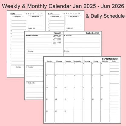 5pcs Travelers Notebook Inserts, Jan 2025 - Jun 2026, Weekly & Monthly Calendar & Daily Refills A6, 4.1 × 5.8