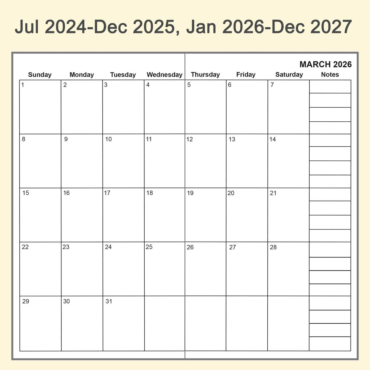 2pcs Travelers Notebook Inserts, Jul 2024 - Dec 2027, Monthly Calendar Refills, B6, 4.9 × 6.9