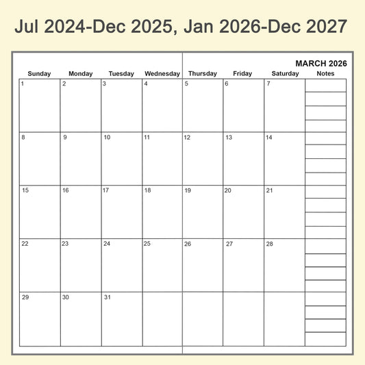 2pcs Travelers Notebook Inserts, Jul 2024 - Dec 2027, Monthly Calendar Refills, B6, 4.9 × 6.9