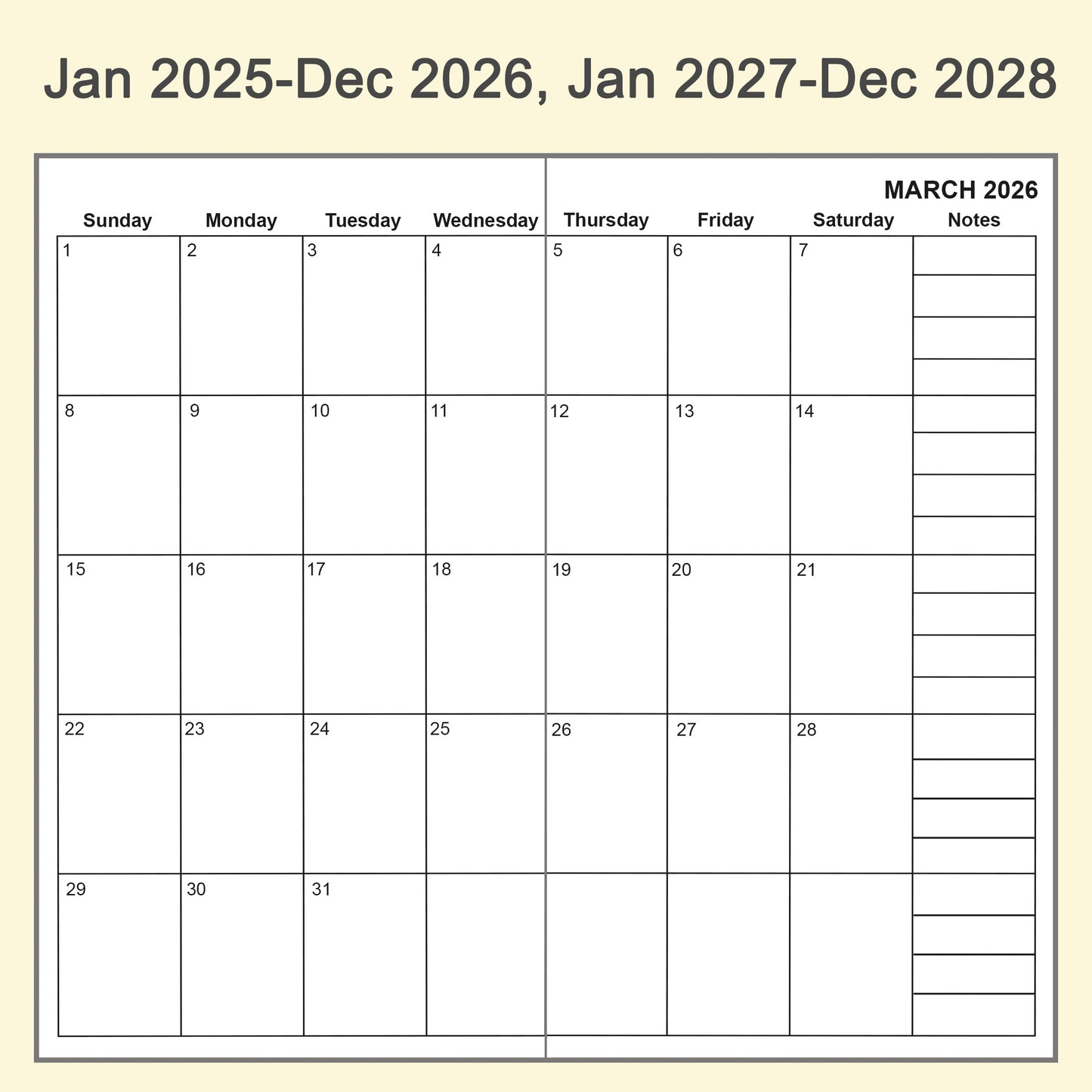 2pcs Travelers Notebook Inserts, Jan 2025 - Dec 2028, Monthly Calendar Refills, B6, 4.9 × 6.9