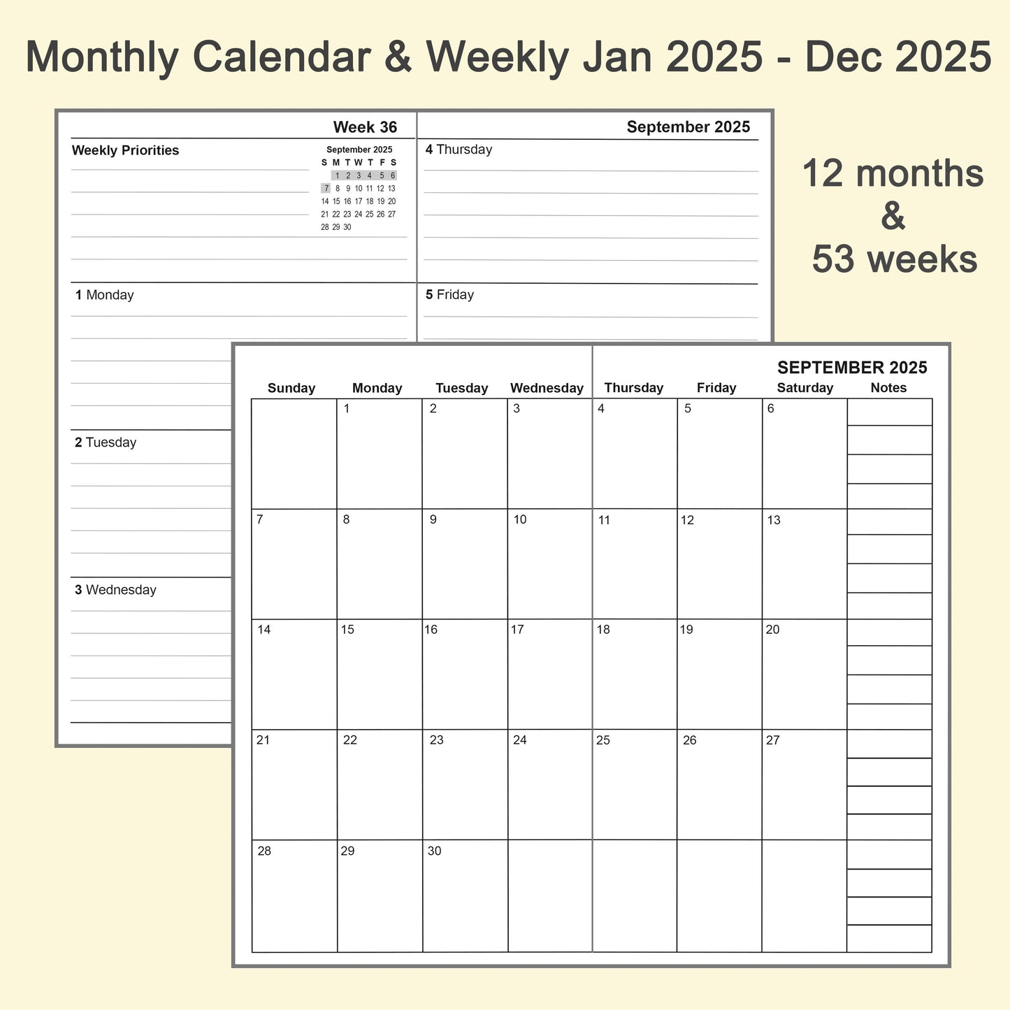 2pcs Travelers Notebook Inserts Jan - Dec 2025, Weekly & Monthly Calendar Refills, B6, 4.9 × 6.9