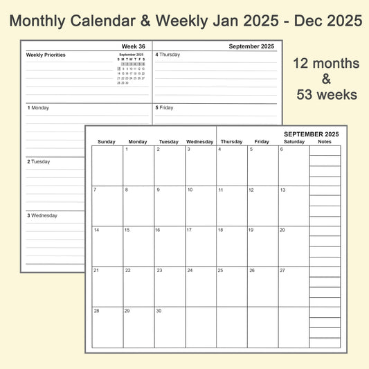 2pcs Travelers Notebook Inserts Jan - Dec 2025, Weekly & Monthly Calendar Refills, B6, 4.9 × 6.9