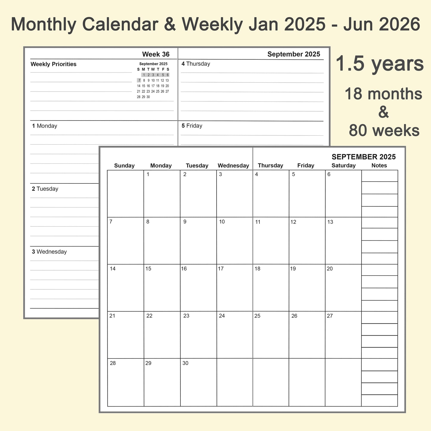 3pcs Travelers Notebook Inserts Jan 2025 - Jun 2026, Weekly & Monthly Calendar Refills, B6, 4.9 × 6.9