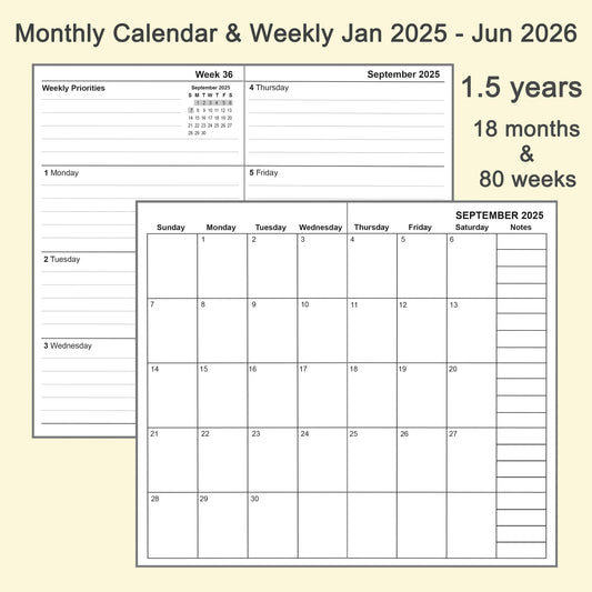 3pcs Travelers Notebook Inserts Jan 2025 - Jun 2026, Weekly & Monthly Calendar Refills, B6, 4.9 × 6.9