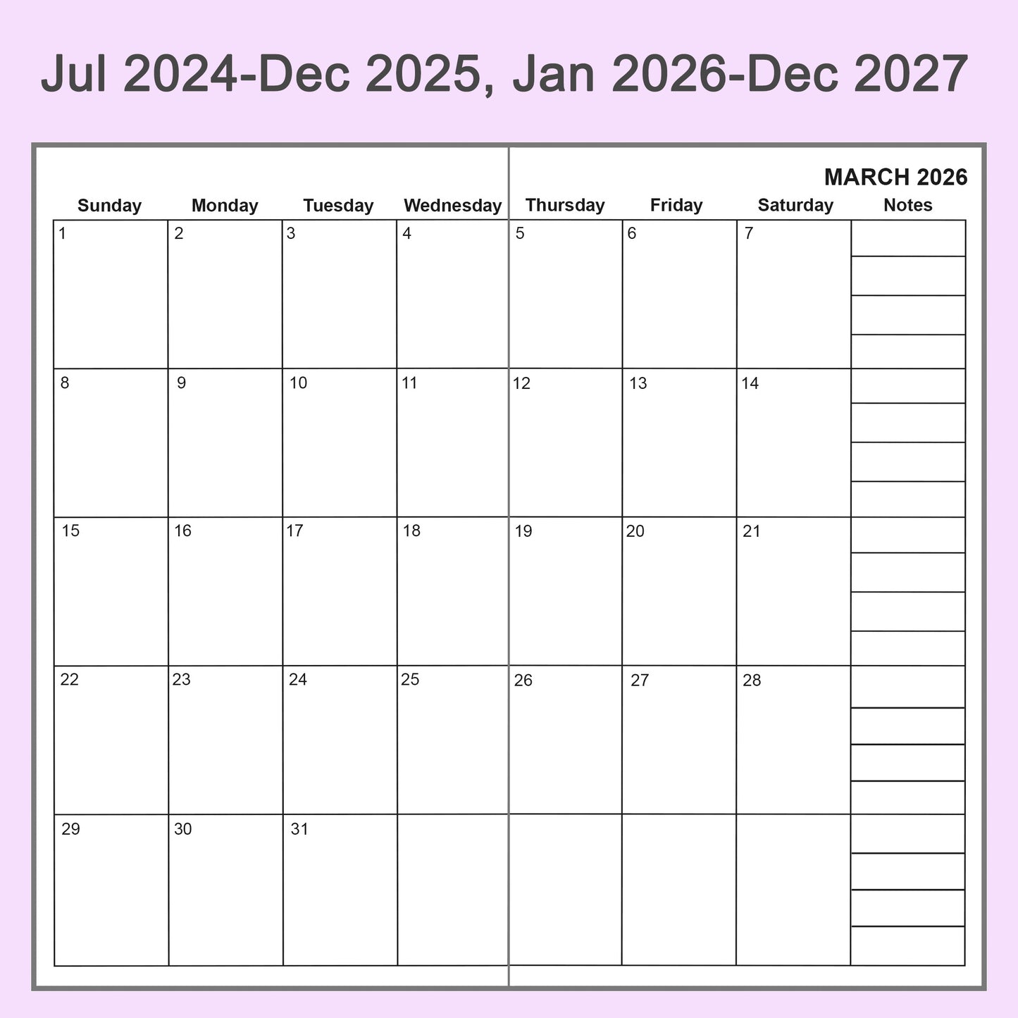 2pcs Travelers Notebook Inserts, Jul 2024 - Dec 2027, Monthly Calendar Refills, B6 Slim, 4.3 x 6.9