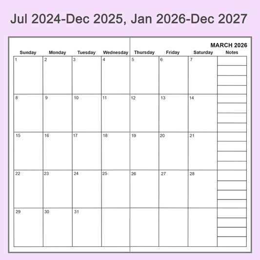 2pcs Travelers Notebook Inserts, Jul 2024 - Dec 2027, Monthly Calendar Refills, B6 Slim, 4.3 x 6.9