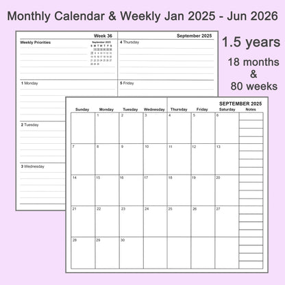 3pcs Travelers Notebook Inserts Jan 2025 - Jun 2026, Weekly & Monthly Calendar Refills, B6 Slim, 4.3 x 6.9