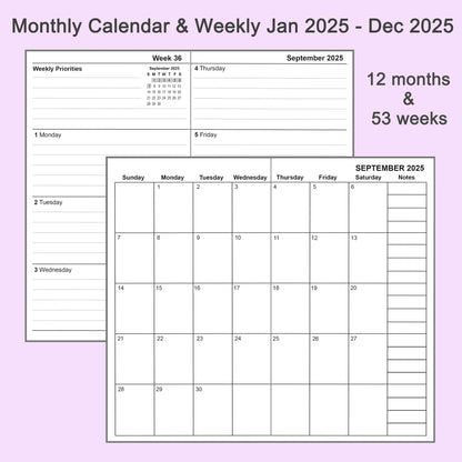 2pcs Travelers Notebook Inserts Jan - Dec 2025, Weekly & Monthly Calendar Refills, B6 Slim, 4.3 x 6.9