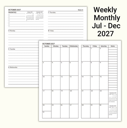 Jul - Dec 2027 Weekly & Monthly Calendar Refills, Travelers Notebook Inserts
