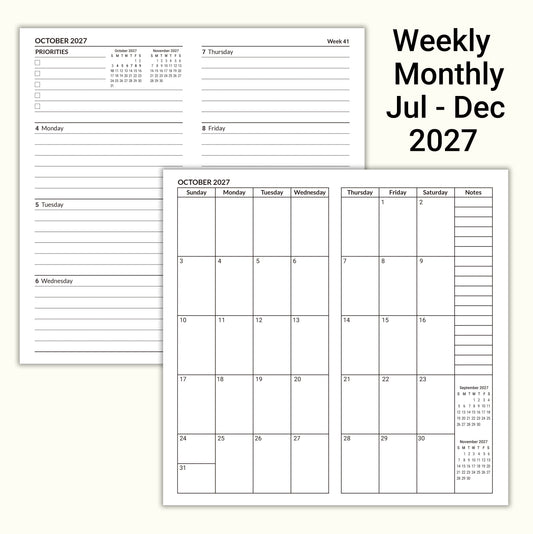 Jul - Dec 2027 Weekly & Monthly Calendar Refills, Travelers Notebook Inserts