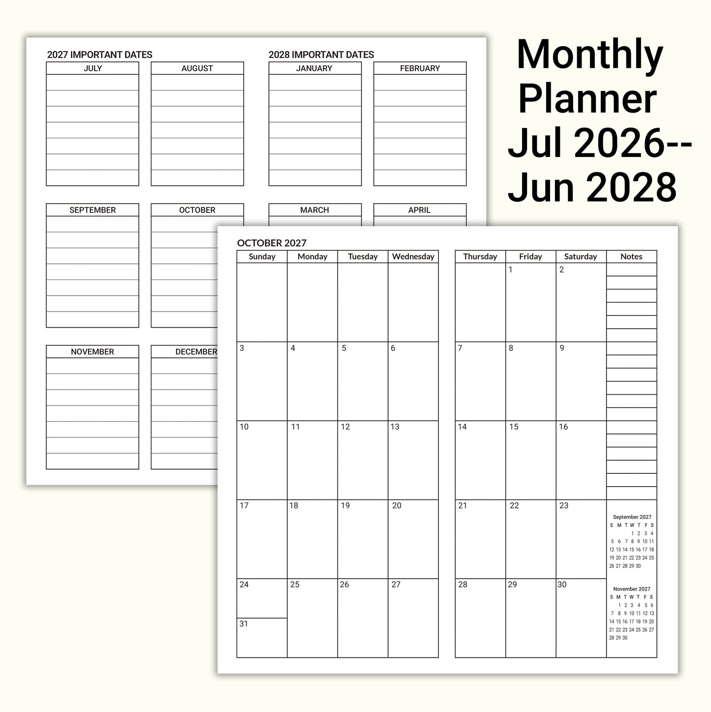 Jul 2026 - Jun 2028 Monthly Refills, Travelers Notebook Inserts, Monthly Calendar & Important Dates & Dotted & Line