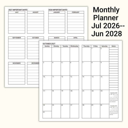 Jul 2026 - Jun 2028 Monthly Refills, Travelers Notebook Inserts, Monthly Calendar & Important Dates & Dotted & Line