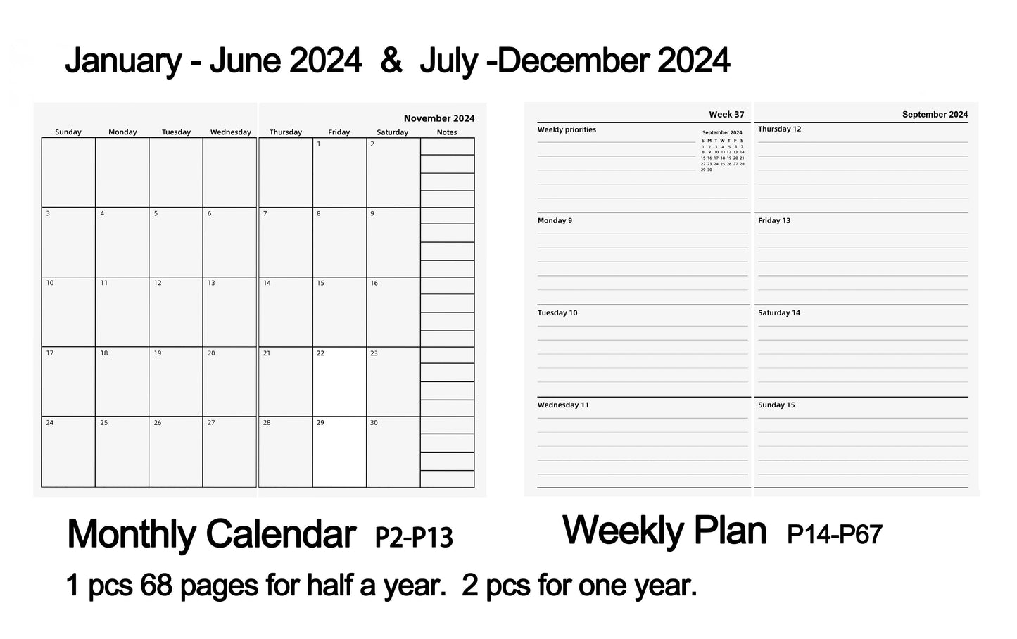 [Inserts-Standard] 2pcs Travelers Notebook Inserts 2024,  Weekly & Monthly Calendar Planner Refills,  2pcs, Fit 7*4.3in