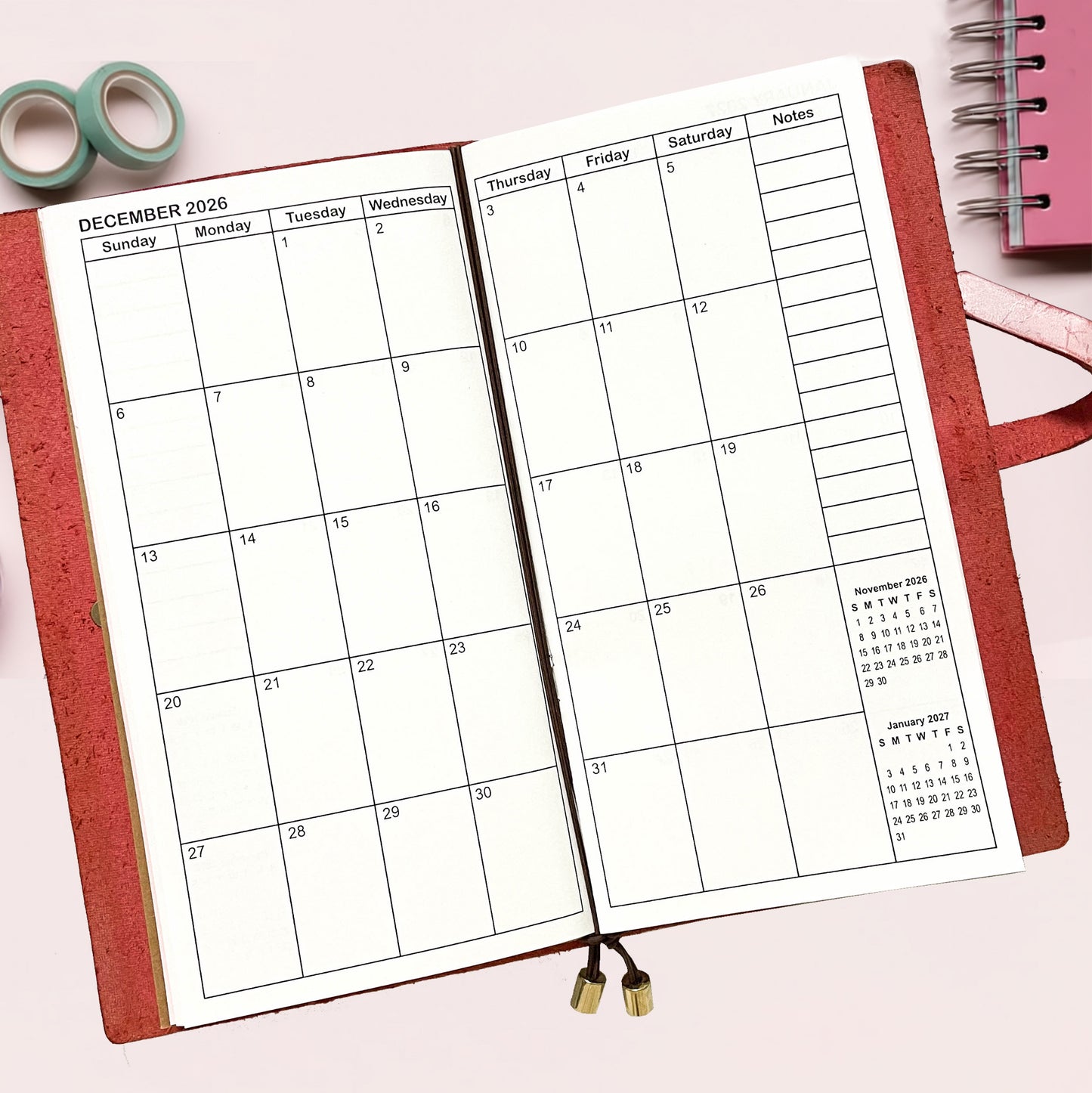 Jan - Jun 2027 Weekly & Monthly Calendar Refills, Travelers Notebook Inserts