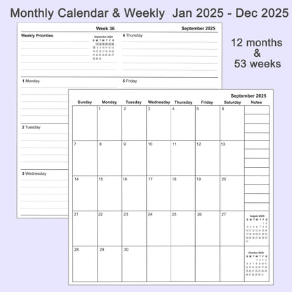 2pcs Travelers Notebook Inserts Jan - Dec 2025, Weekly & Monthly Calendar Refills, Cahier 5 x 8.25