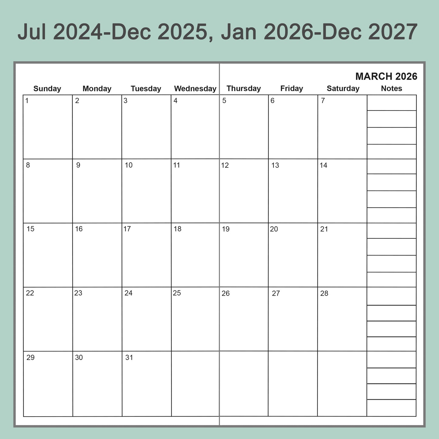 2pcs Travelers Notebook Inserts, Jul 2024 - Dec 2027, Monthly Calendar Refills, Personal 3.75 x 6.75