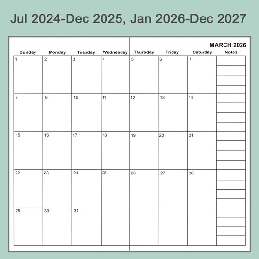 2pcs Travelers Notebook Inserts, Jul 2024 - Dec 2027, Monthly Calendar Refills, Personal 3.75 x 6.75