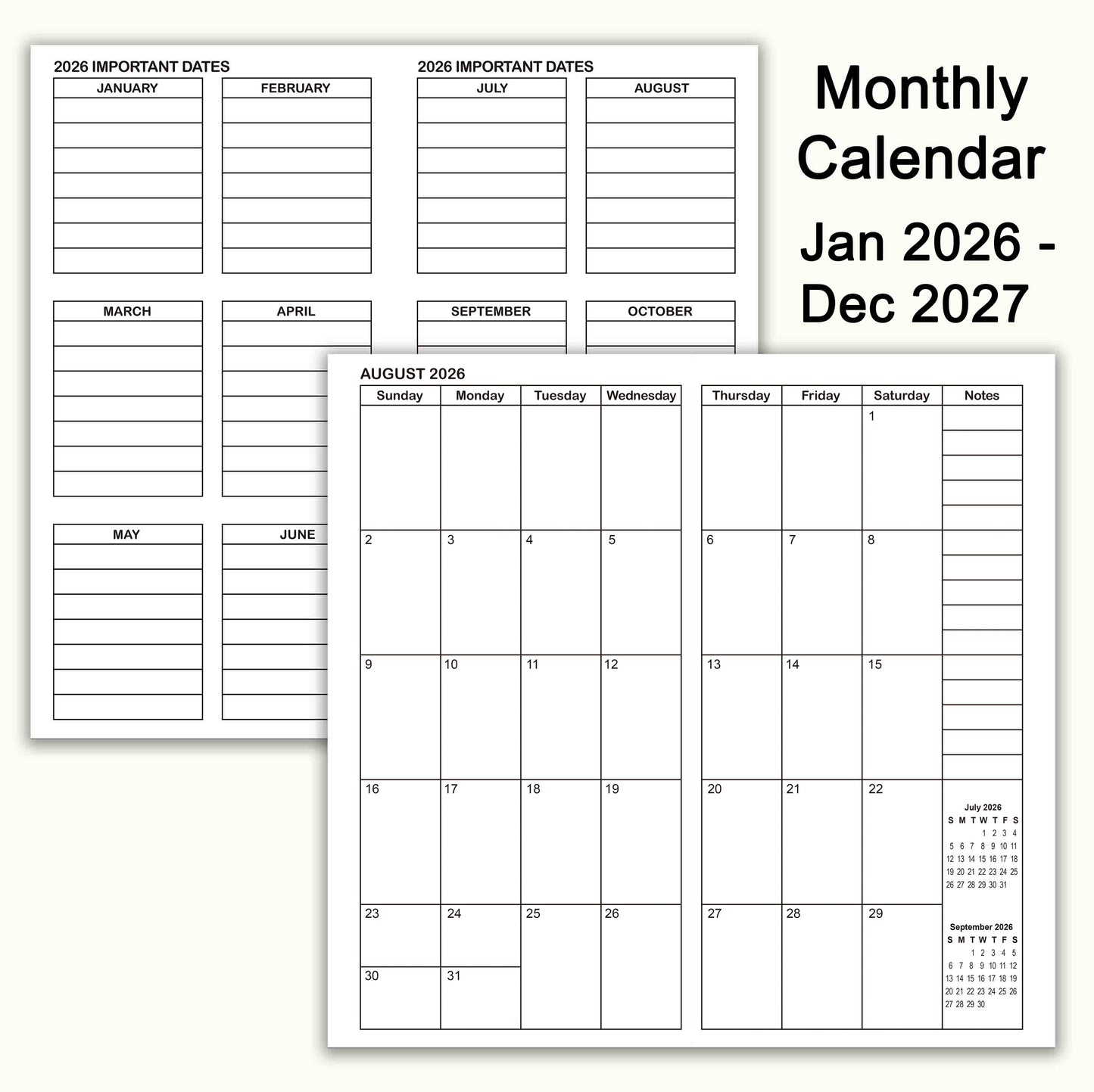 Jan 2026 - Dec 2027 Monthly Refills, Travelers Notebook Inserts, Monthly Calendar & Important Dates & Dotted & Line