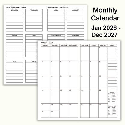 Jan 2026 - Dec 2027 Monthly Refills, Travelers Notebook Inserts, Monthly Calendar & Important Dates & Dotted & Line