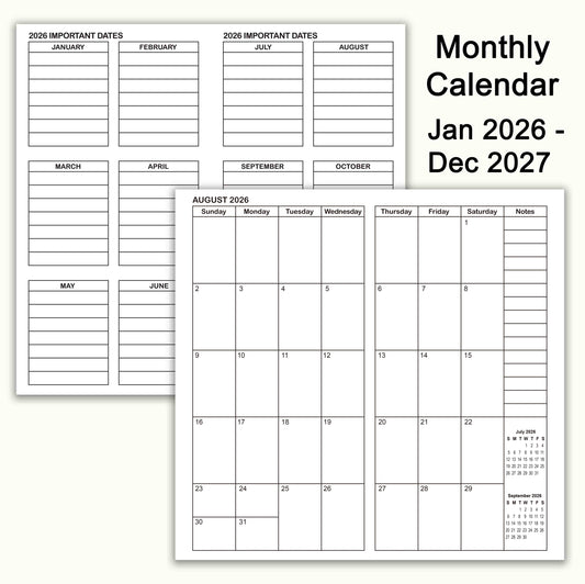 Jan 2026 - Dec 2027 Monthly Refills, Travelers Notebook Inserts, Monthly Calendar & Important Dates & Dotted & Line