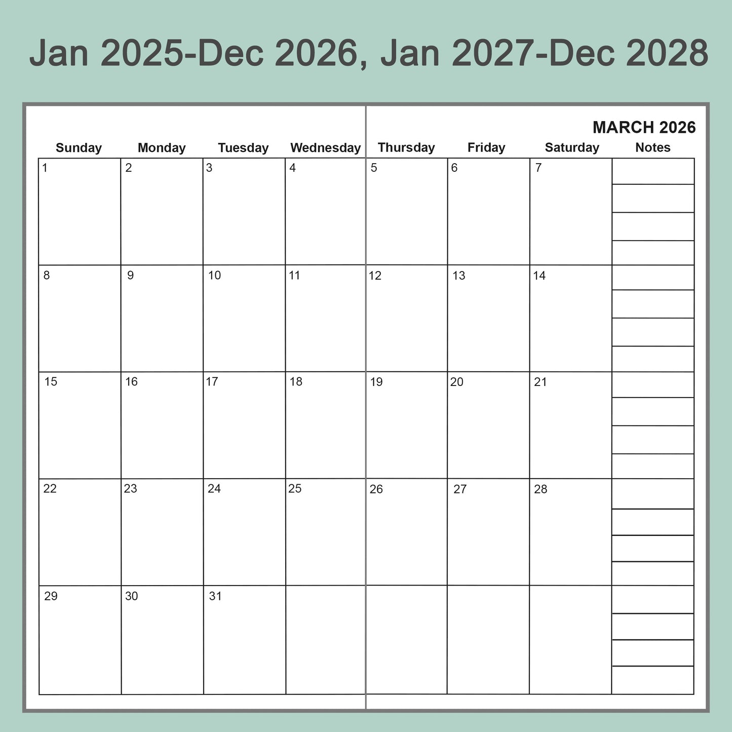 2pcs Travelers Notebook Inserts, Jan 2025 - Dec 2028, Monthly Calendar Refills, Personal 3.75 x 6.75