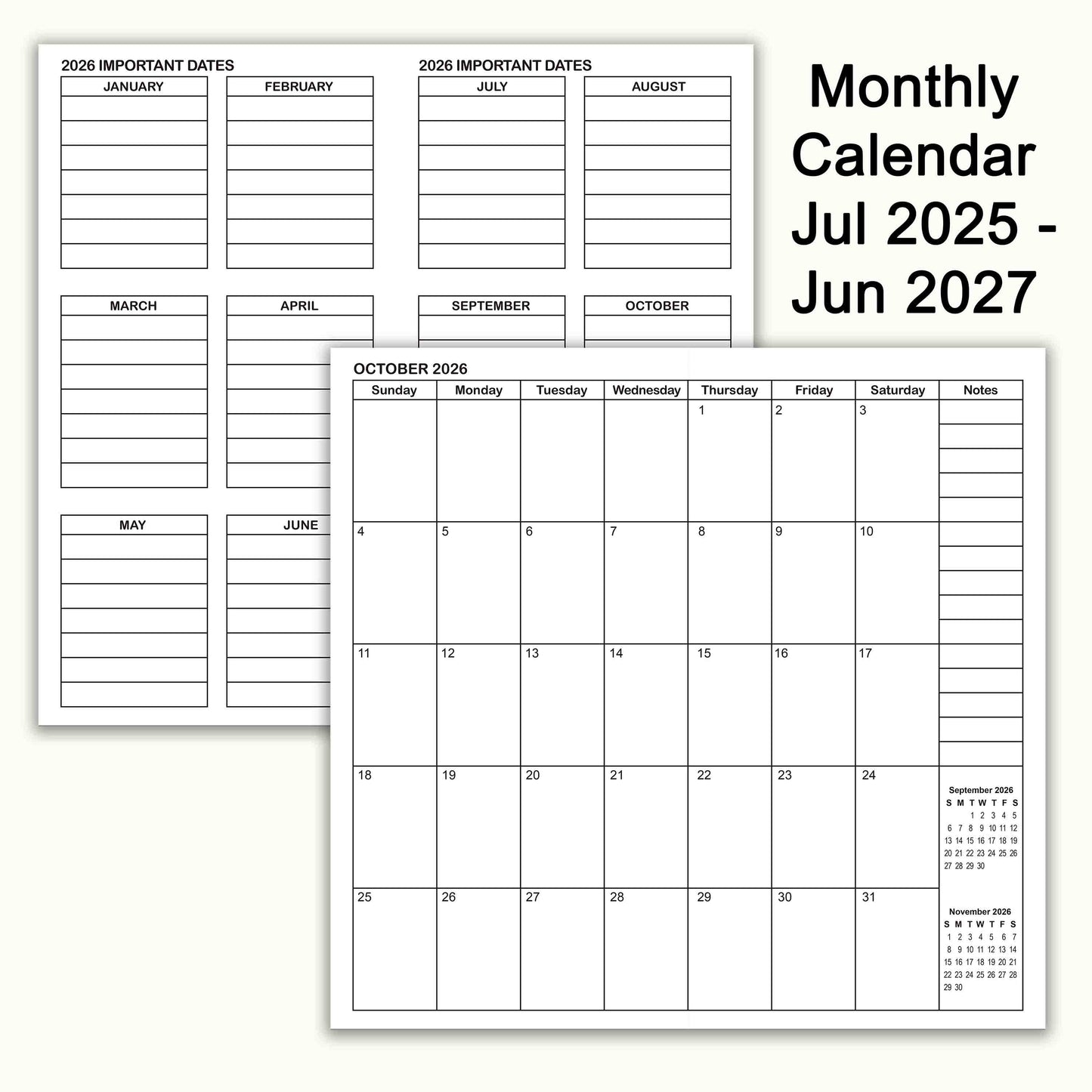 Jul 2025 - Jun 2027 Monthly Refills, Travelers Notebook Inserts, Monthly Calendar & Important Dates & Dotted & Line