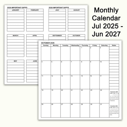 Jul 2025 - Jun 2027 Monthly Refills, Travelers Notebook Inserts, Monthly Calendar & Important Dates & Dotted & Line