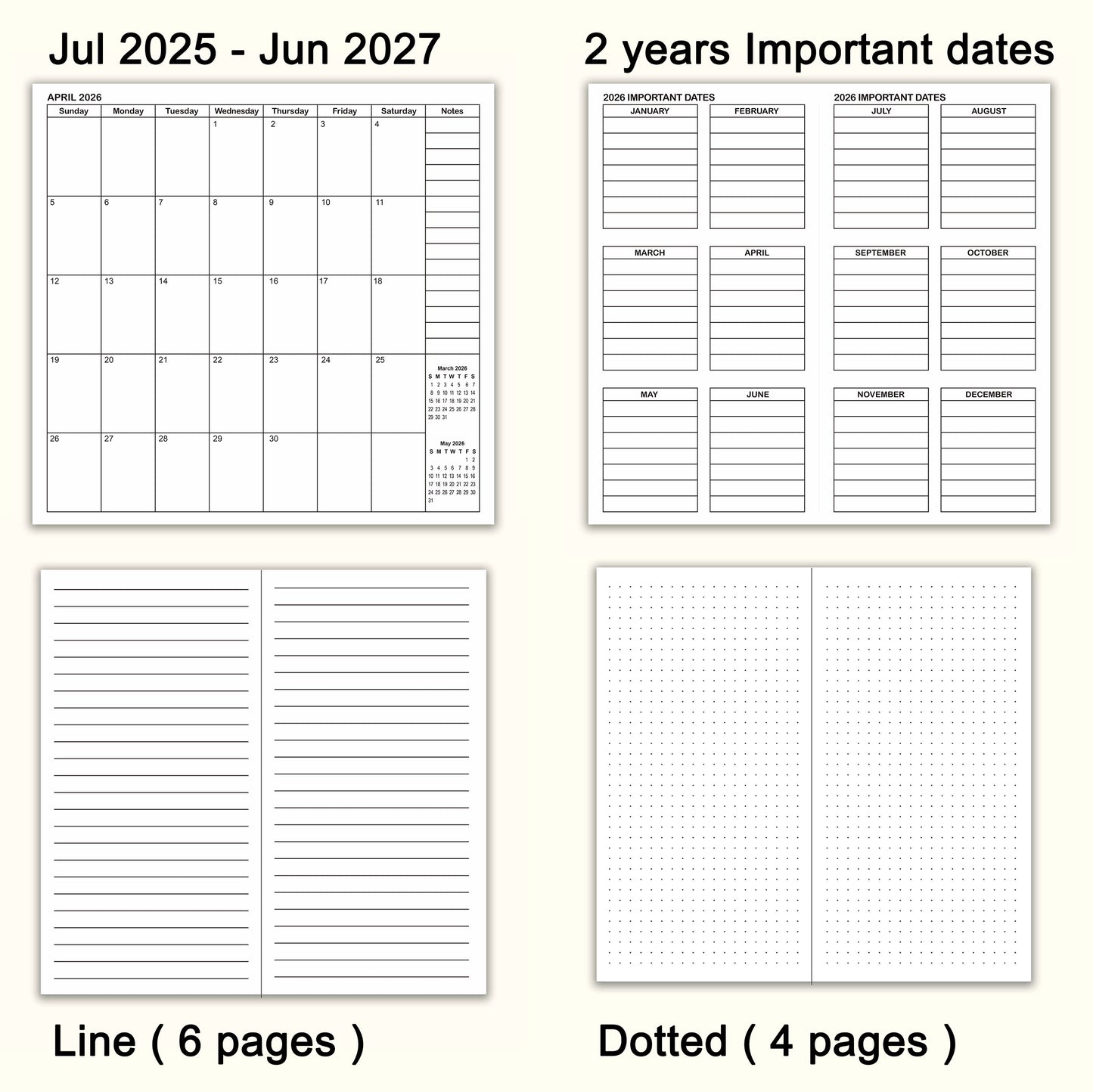 Jul 2025 - Jun 2027 Monthly Refills, Travelers Notebook Inserts, Monthly Calendar & Important Dates & Dotted & Line