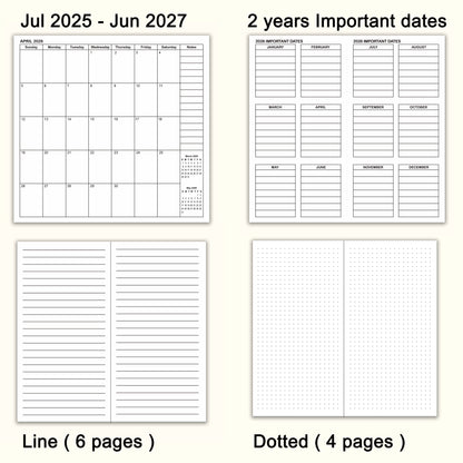 Jul 2025 - Jun 2027 Monthly Refills, Travelers Notebook Inserts, Monthly Calendar & Important Dates & Dotted & Line