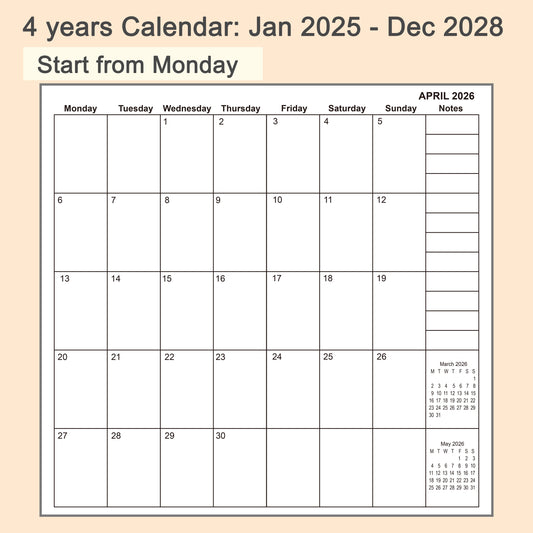 2pcs Travelers Notebook Inserts, Jan 2025 - Dec 2028, Monthly Calendar Refills（Start from Monday)