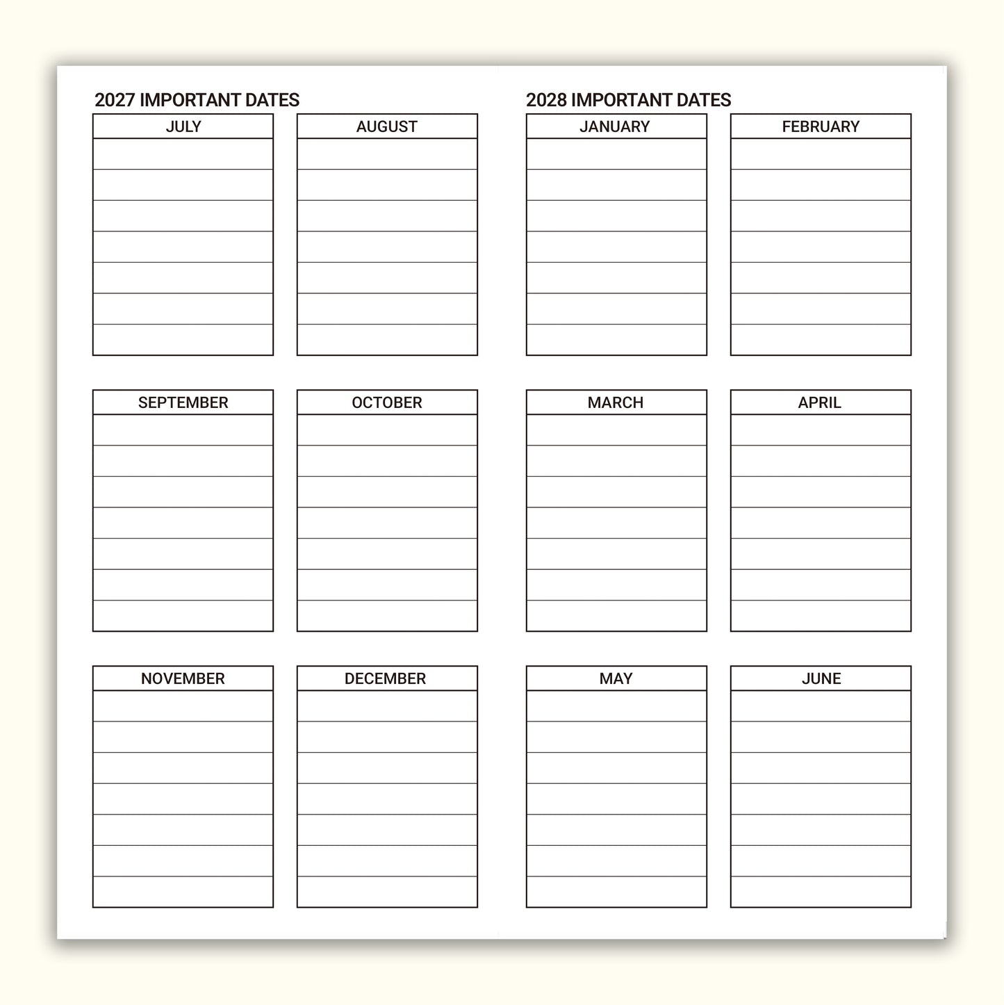 Jul 2026 - Jun 2028 Monthly Refills, Travelers Notebook Inserts, Monthly Calendar & Important Dates & Dotted & Line