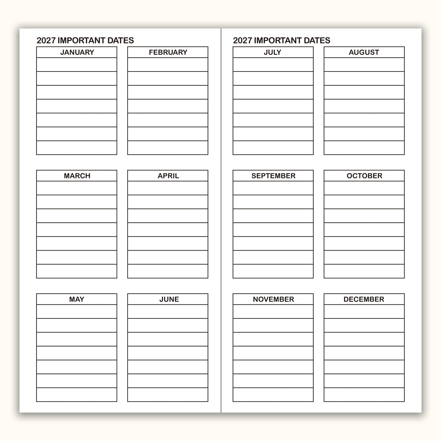 Jan 2026 - Dec 2027 Monthly Refills, Travelers Notebook Inserts, Monthly Calendar & Important Dates & Dotted & Line