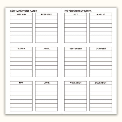 Jan 2026 - Dec 2027 Monthly Refills, Travelers Notebook Inserts, Monthly Calendar & Important Dates & Dotted & Line